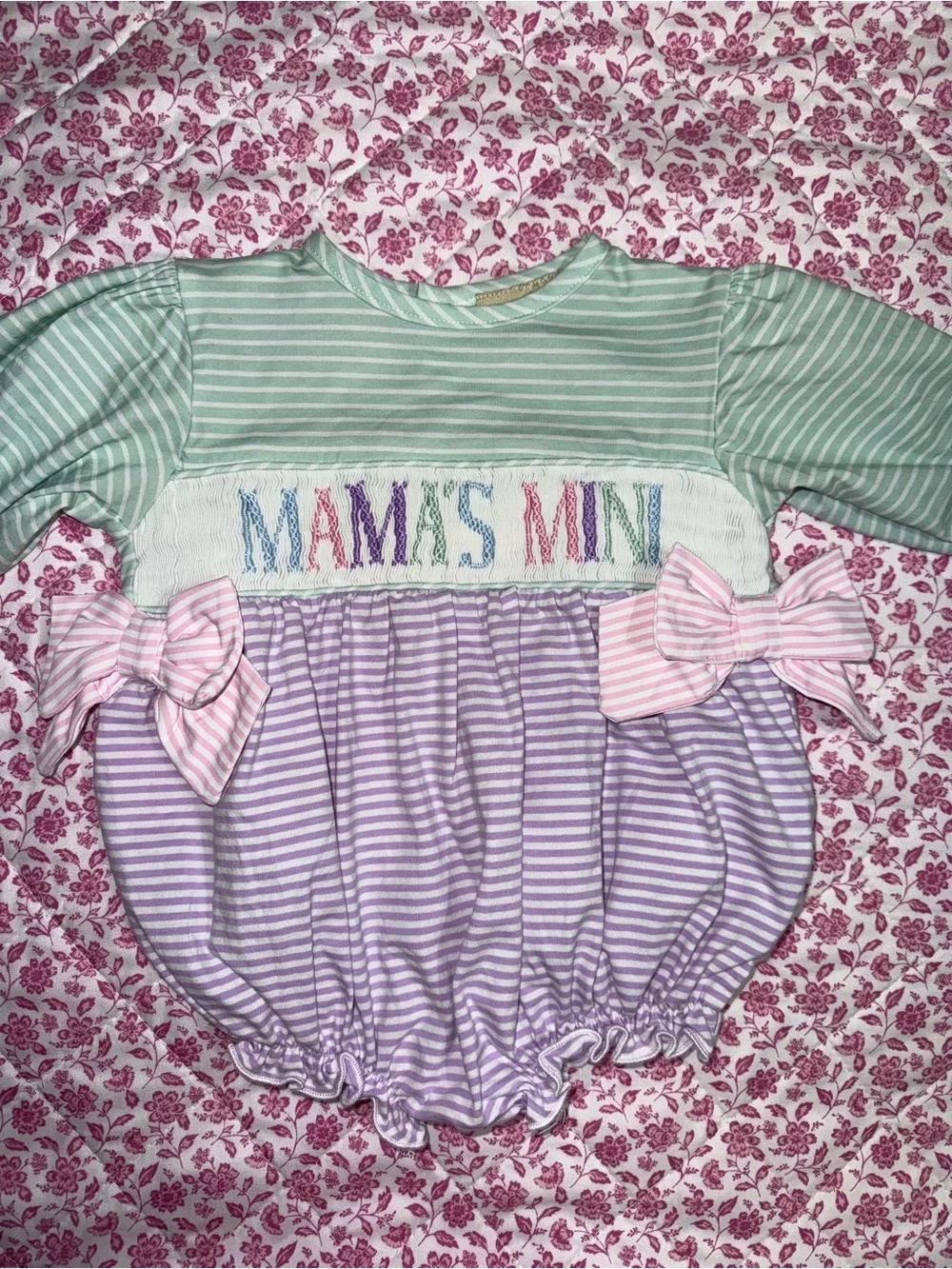 Mama’s Mini Smocked Bubble Romper Pink Purple Green Striped Baby Girl 6M